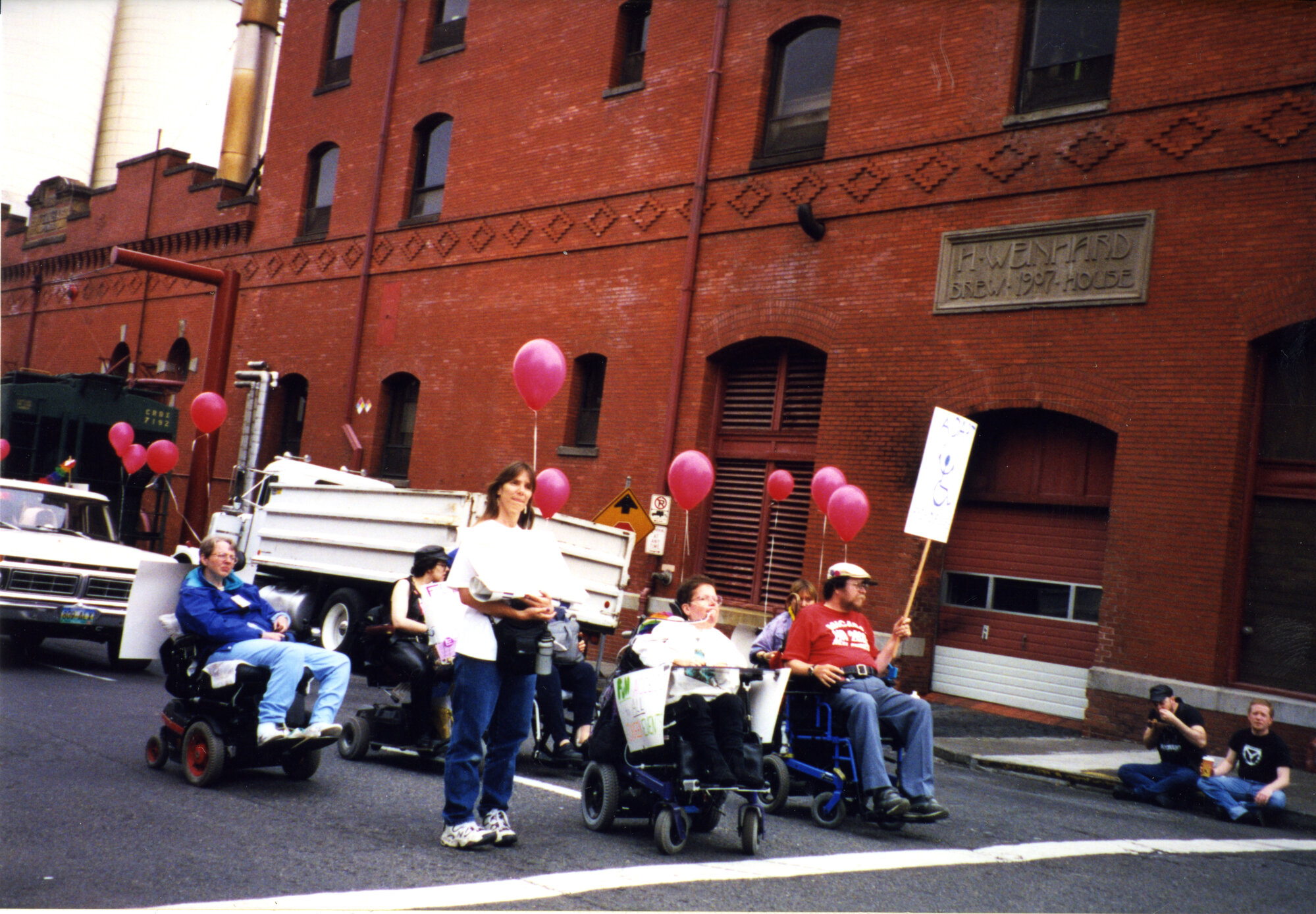 Laura Hershey and other activists at Portland LGBTQ Pride Parade, 1999
